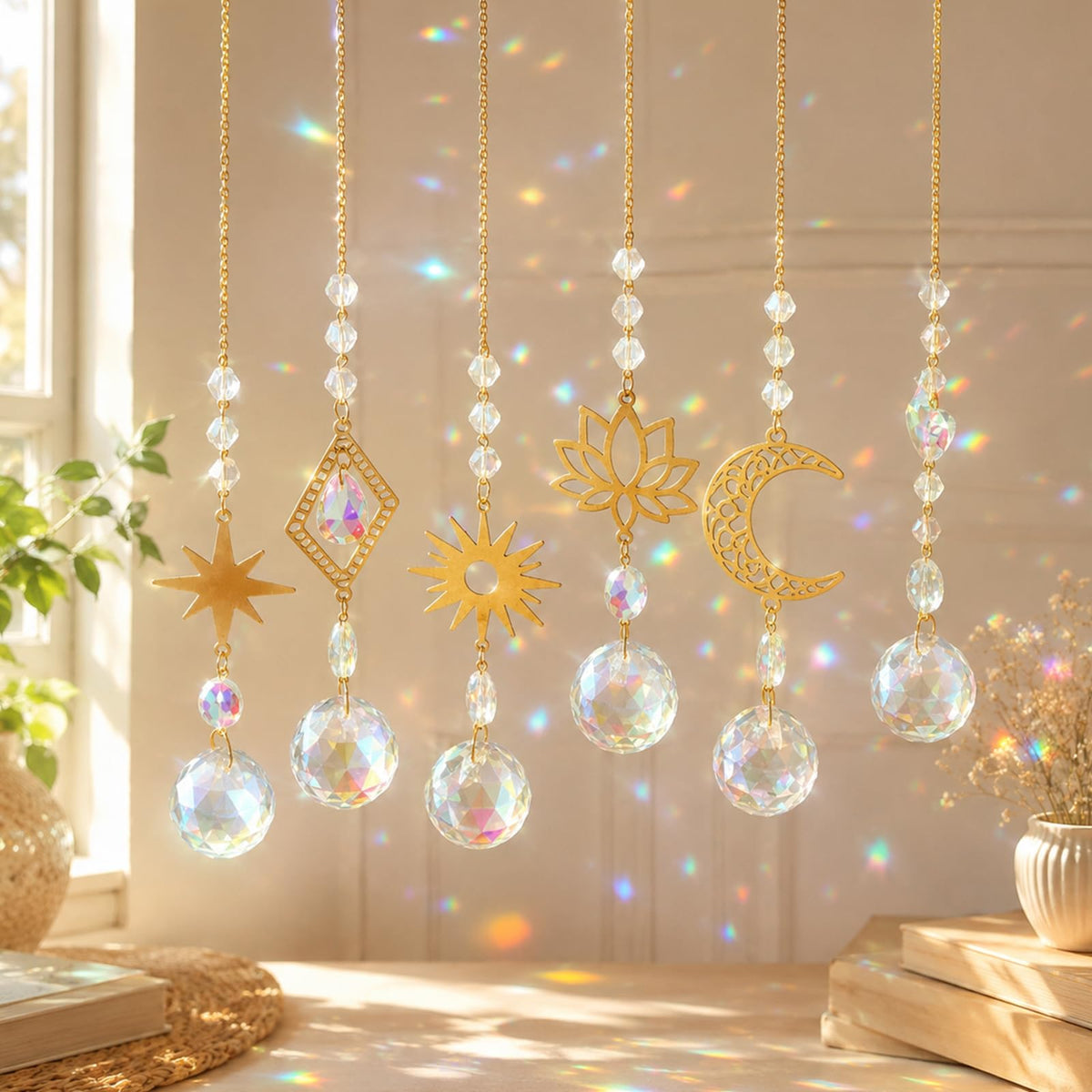 6Pieces Colorful Crystals Suncatcher Hanging Sun Catcher with Chain