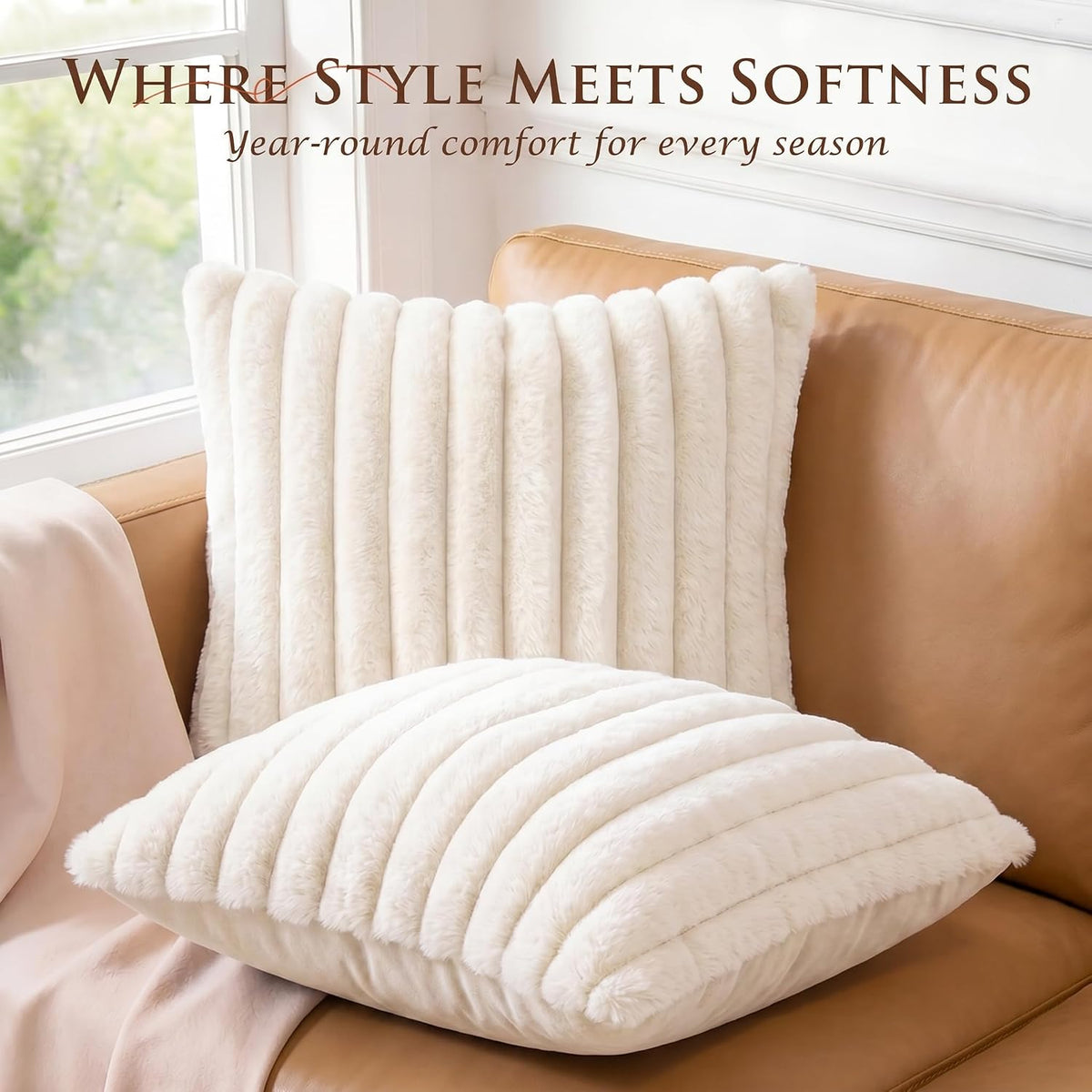 Set of 2 Decorative Throw Pillow Covers 18x18, Faux Fur Cream White