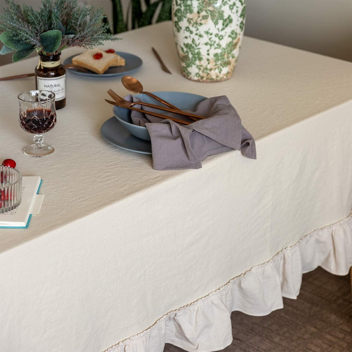 GLORY SEASON Retro Farmhouse Ruffle Tablecloth Cotton Flounces Trim Washable Table Cover Tablecloths for Rectangle Table Baby Shower Kitchen Party Wedding Decor,60''x120''