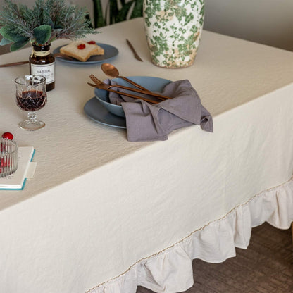 GLORY SEASON Retro Farmhouse Ruffle Tablecloth Cotton Flounces Trim Washable Table Cover Tablecloths for Rectangle Table Baby Shower Kitchen Party Wedding Decor,60''x120''
