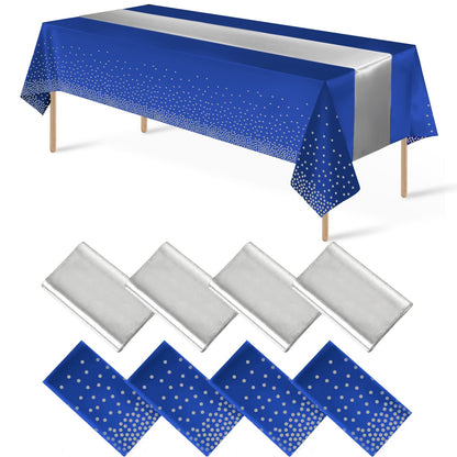 8Pack Disposable Plastic Tablecloths and Satin Table Runner Set White and Silver Dot Tablecloth Silver Satin Table Runner for Wedding Birthday Baby Shower Anniversary Christmas New Year Party Supplies