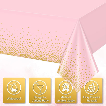FunnyPars 4 Pack Pink and Gold Plastic Tablecloth for Parties, Pink Disposable Table Cloth for Rectangle Tables, Gold Dot Confetti Light Pink Tablecloth for Birthday Wedding Baby Shower Party, 54x108