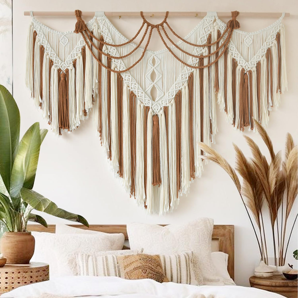 Macrame Wall Hanging Brown Tassel Knotting Fiber Art Boho Decor 47" W*25" L