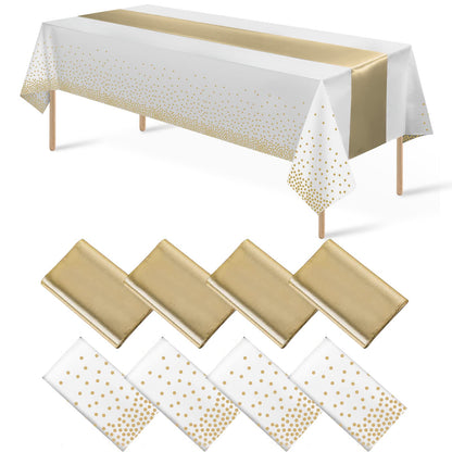 8Pack Disposable Plastic Tablecloths and Satin Table Runner Set White and Silver Dot Tablecloth Silver Satin Table Runner for Wedding Birthday Baby Shower Anniversary Christmas New Year Party Supplies