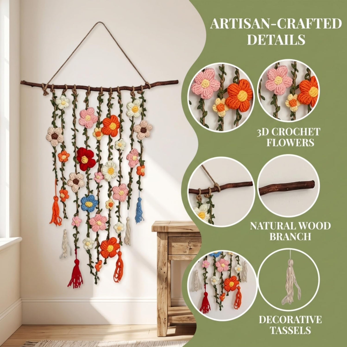 Crochet Flower Wall Hanging Boho Macrame Decor 1 Pc