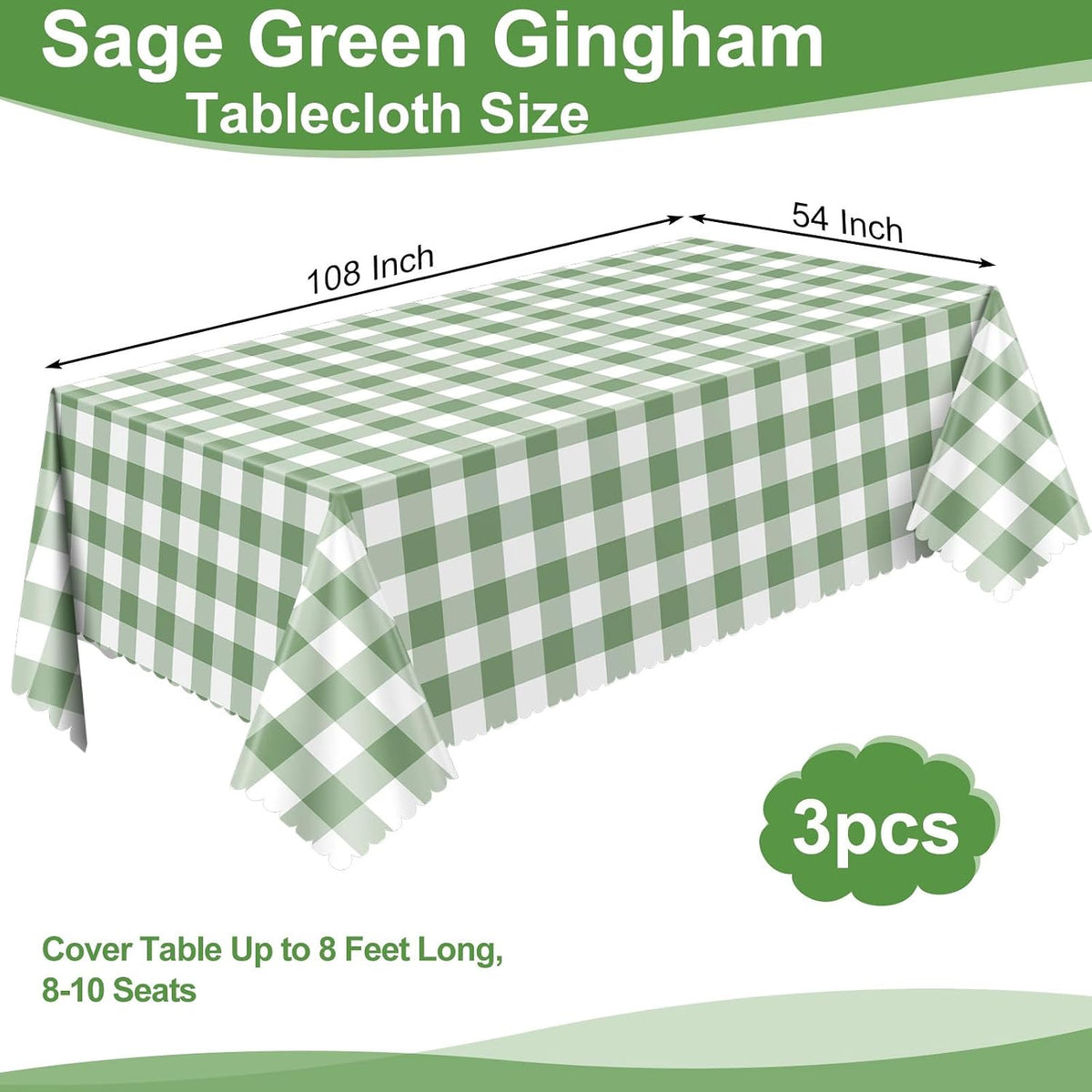 NatNarr 3 Pack Sage Green Gingham Tablecloth, Scalloped Party Table Cover