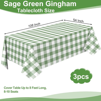 NatNarr 3 Pack Sage Green Gingham Tablecloth, Scalloped Party Table Cover