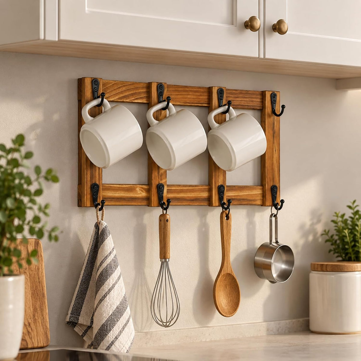 Yohsnor Wooden Coffee Mug Wall Rack-Durable Mug Holder Wall with 8 Hooks