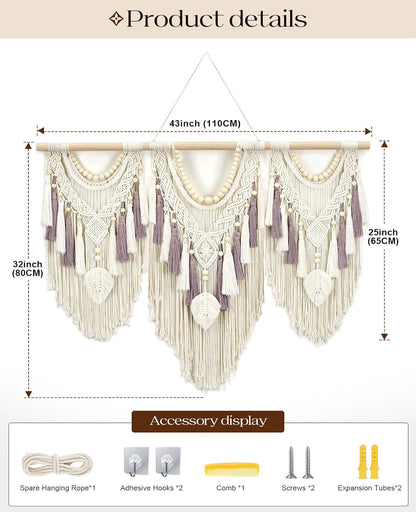 Tempospark Macrame Wall Hanging, 43"x32" Boho Wall Tapestry, Large Wall Art for Bedroom, Living Room, Dining Room, Nursery, Gallery, Office (Leaf&Bead)