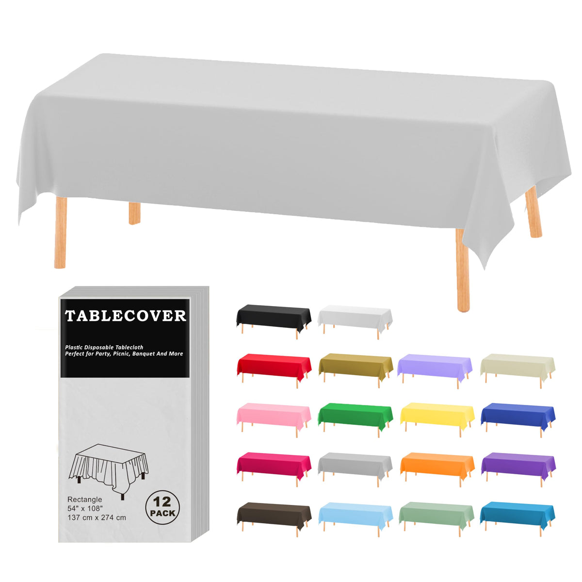 D&Z 12 Pack White Disposable Plastic Tablecloth 54"x108" Table Cover
