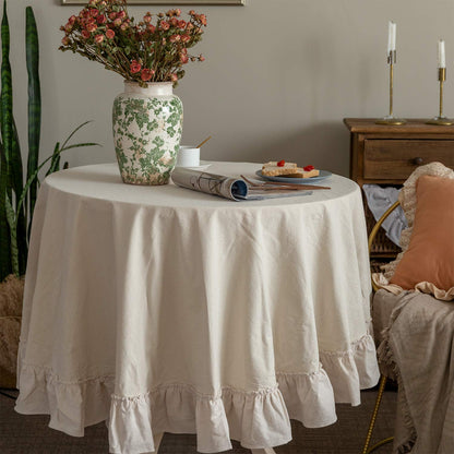 GLORY SEASON Retro Farmhouse Ruffle Tablecloth Cotton Flounces Trim Washable Table Cover Tablecloths for Rectangle Table Baby Shower Kitchen Party Wedding Decor,60''x120''