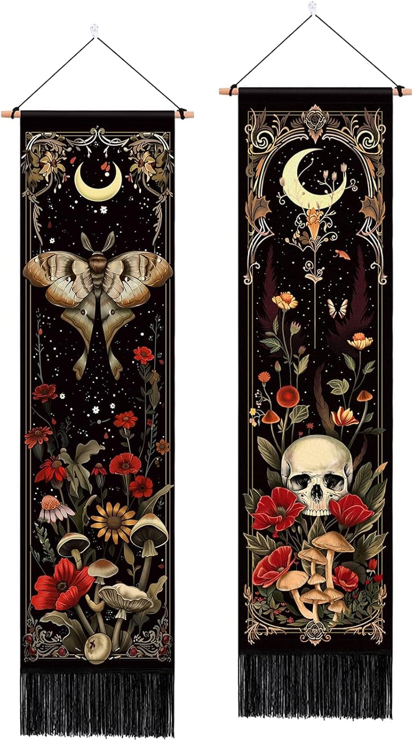 2 Pack Witchy Gothic Wall Decor, Moth Skull Tapestry for Room 12.8x51.2 in