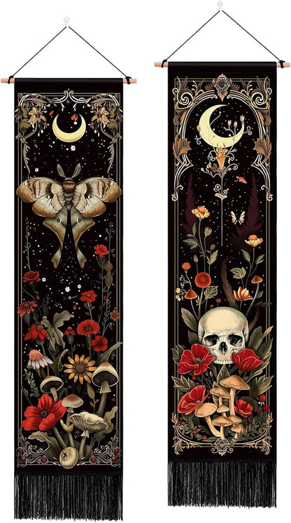 2 Pack Witchy Gothic Wall Decor, Moth Skull Tapestry for Room 12.8x51.2 in