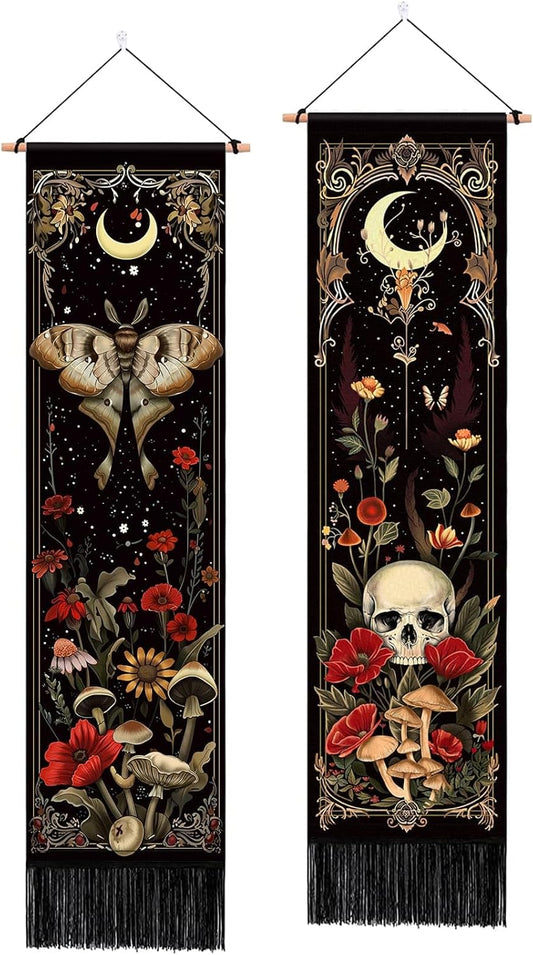 2 Pack Witchy Gothic Wall Decor, Moth Skull Tapestry for Room 12.8x51.2 in