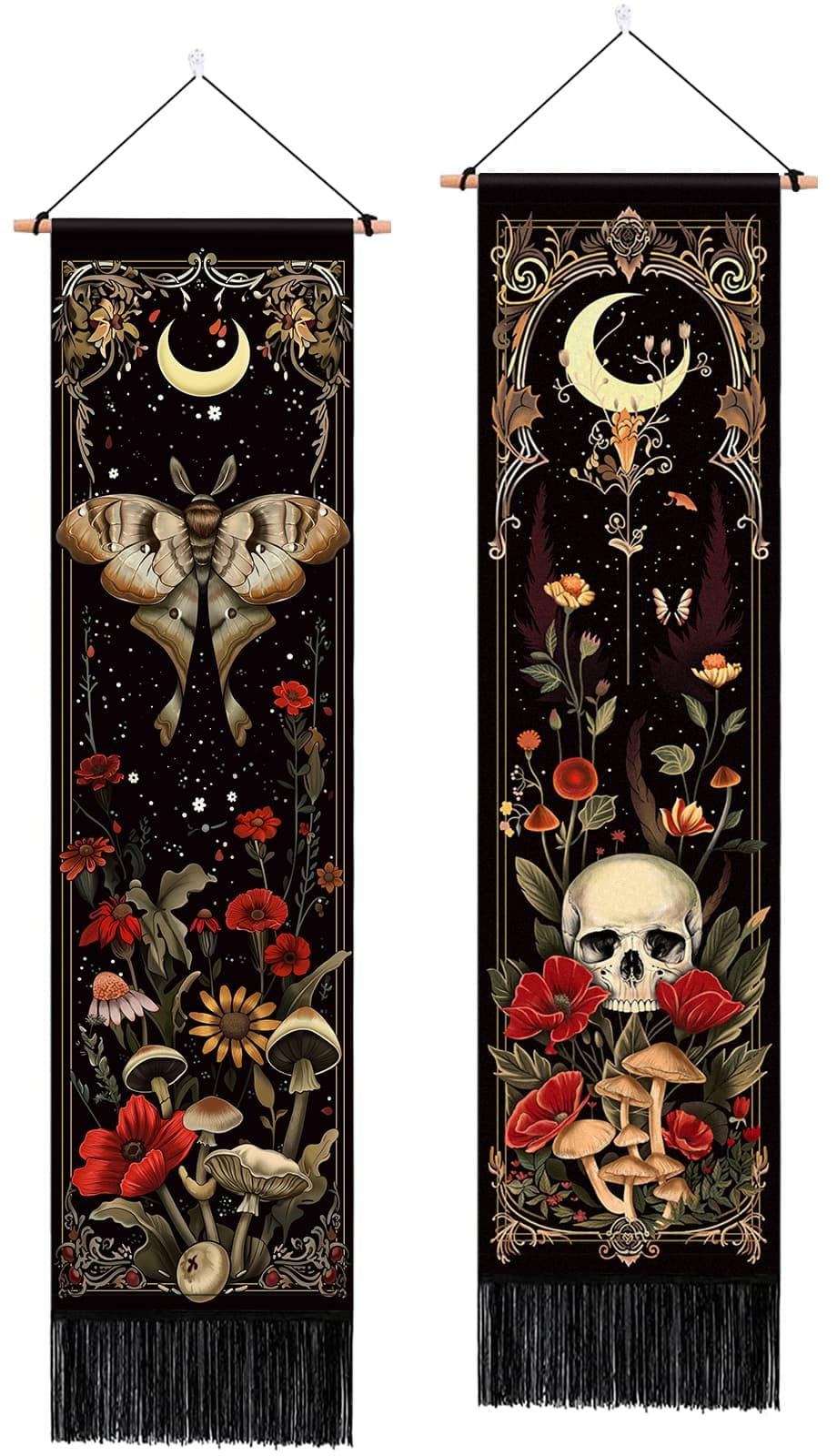2 Pack Witchy Gothic Wall Decor, Moth Skull Tapestry for Room 12.8x51.2 in