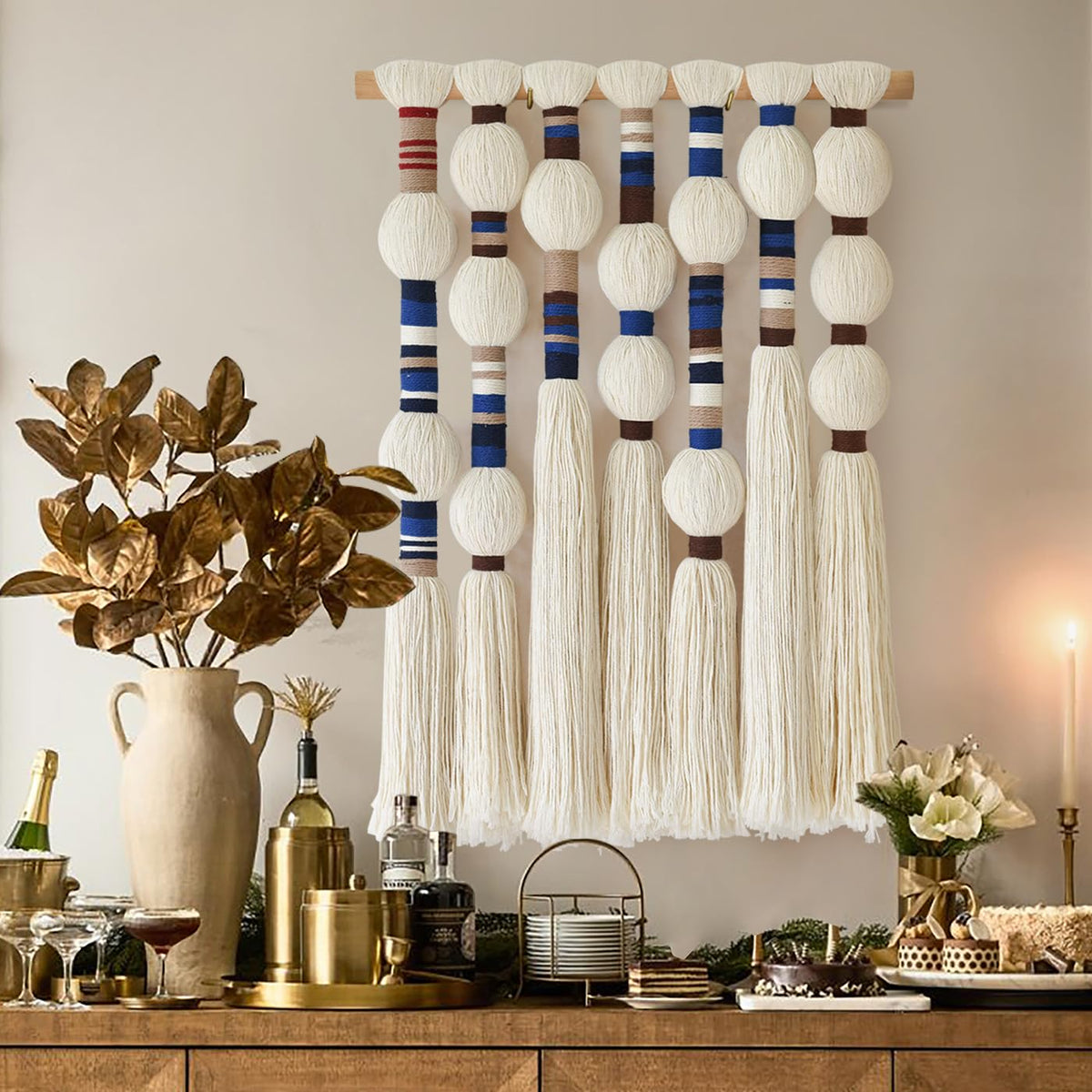 Macrame Wall Hanging Black Spherical Tassel Geometric Wall Art 15.7"W*39"L
