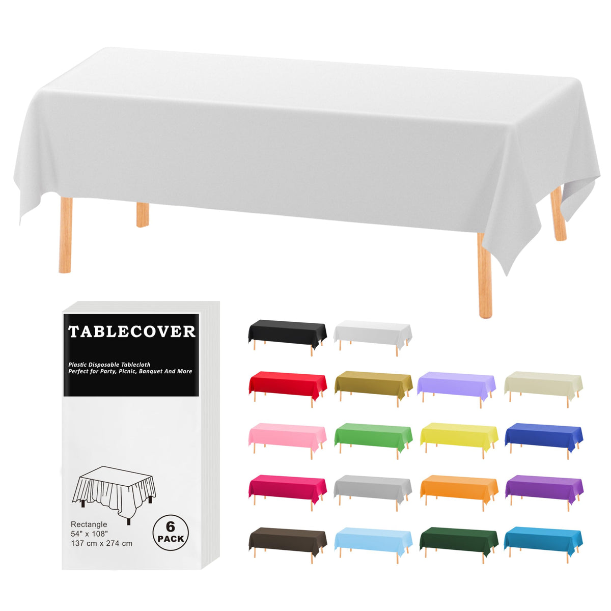 D&Z 12 Pack White Disposable Plastic Tablecloth 54"x108" Table Cover