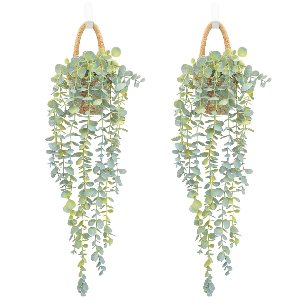 Fake Hanging Plant Decor Indoor, Eucalyptus Artificial Faux Plants in Wall Woven Planters, Jute Hanger with Black Pot Soft Green 1PCS 23Inch Long