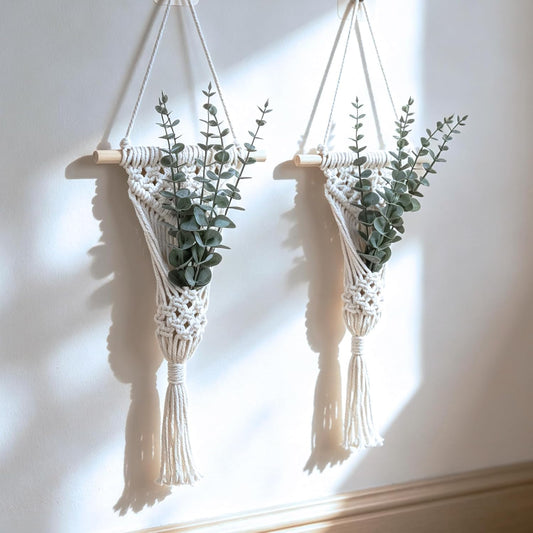 Macrame Hanging Plant Boho Wall Decor with Artificial Eucalyptus Leaves