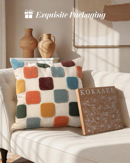 Embroidered Throw Pillow Cover 18x18 Inch, Colorful Plaid
