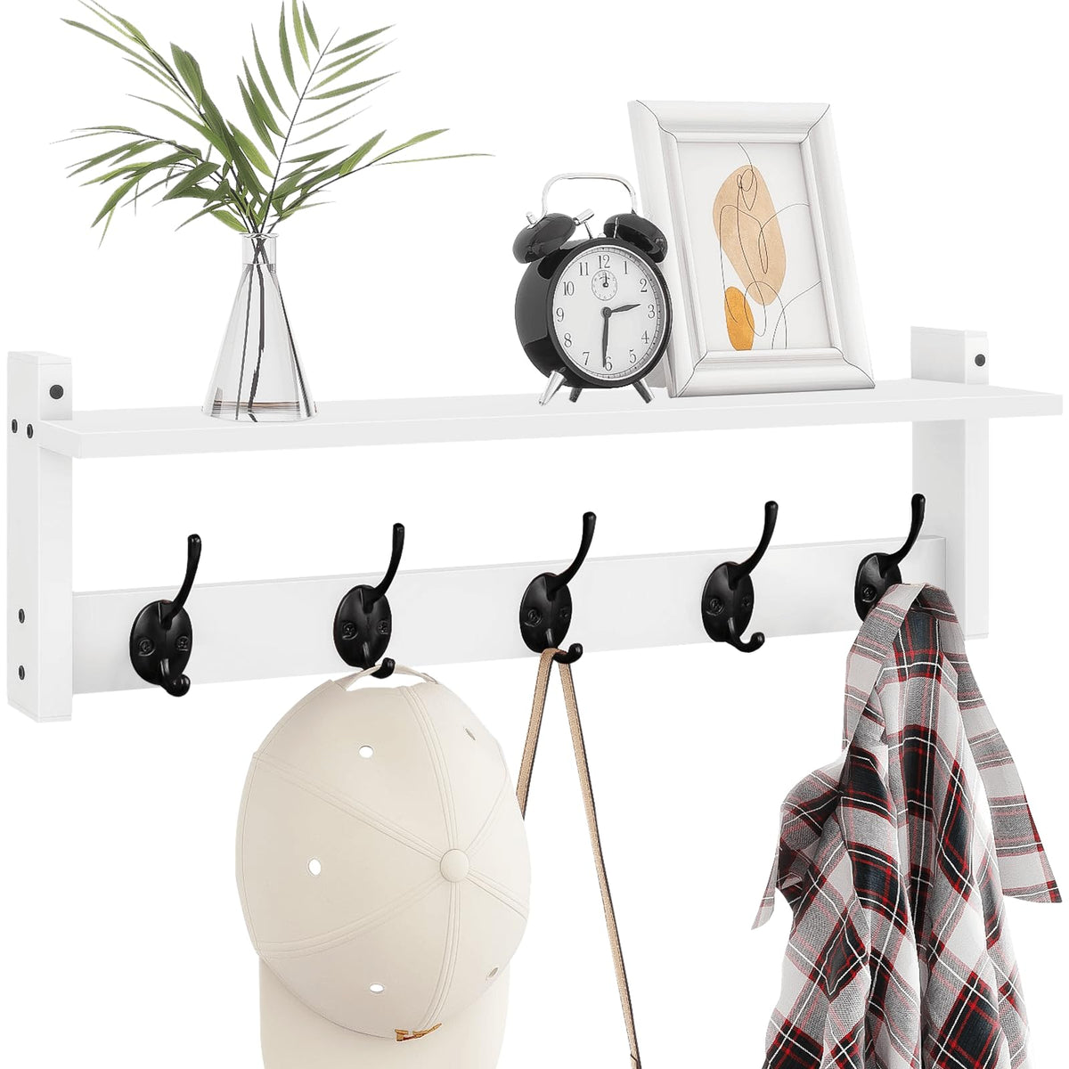 Homode Wall Hooks with Shelf, Wood Coat Rack with Shelf Wall-Mounted, Entryway Hanging Shelves with 5 Metal Hooks for Clothes Hats Towel Purse Robes, Bathroom Mudroom Bedroom, Rustic Brown Black