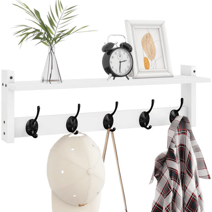 Homode Wall Hooks with Shelf, Wood Coat Rack with Shelf Wall-Mounted, Entryway Hanging Shelves with 5 Metal Hooks for Clothes Hats Towel Purse Robes, Bathroom Mudroom Bedroom, Rustic Brown Black