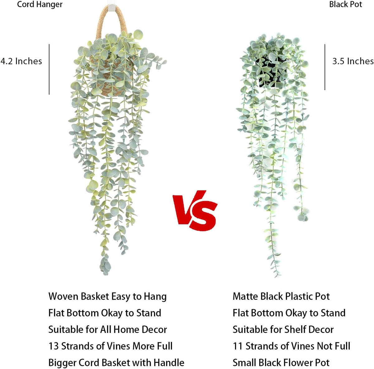 Fake Hanging Plant Decor Indoor, Eucalyptus Artificial Faux Plants in Wall Woven Planters, Jute Hanger with Black Pot Soft Green 1PCS 23Inch Long