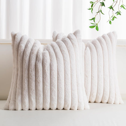 Pack of 2 Faux Fur Christmas Throw Pillow Covers 18x18 Inch, Cream White