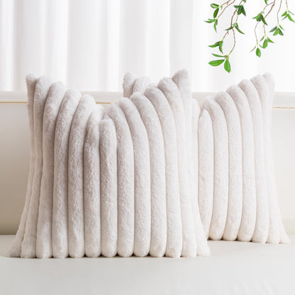 Pack of 2 Faux Fur Christmas Throw Pillow Covers 18x18 Inch, Cream White