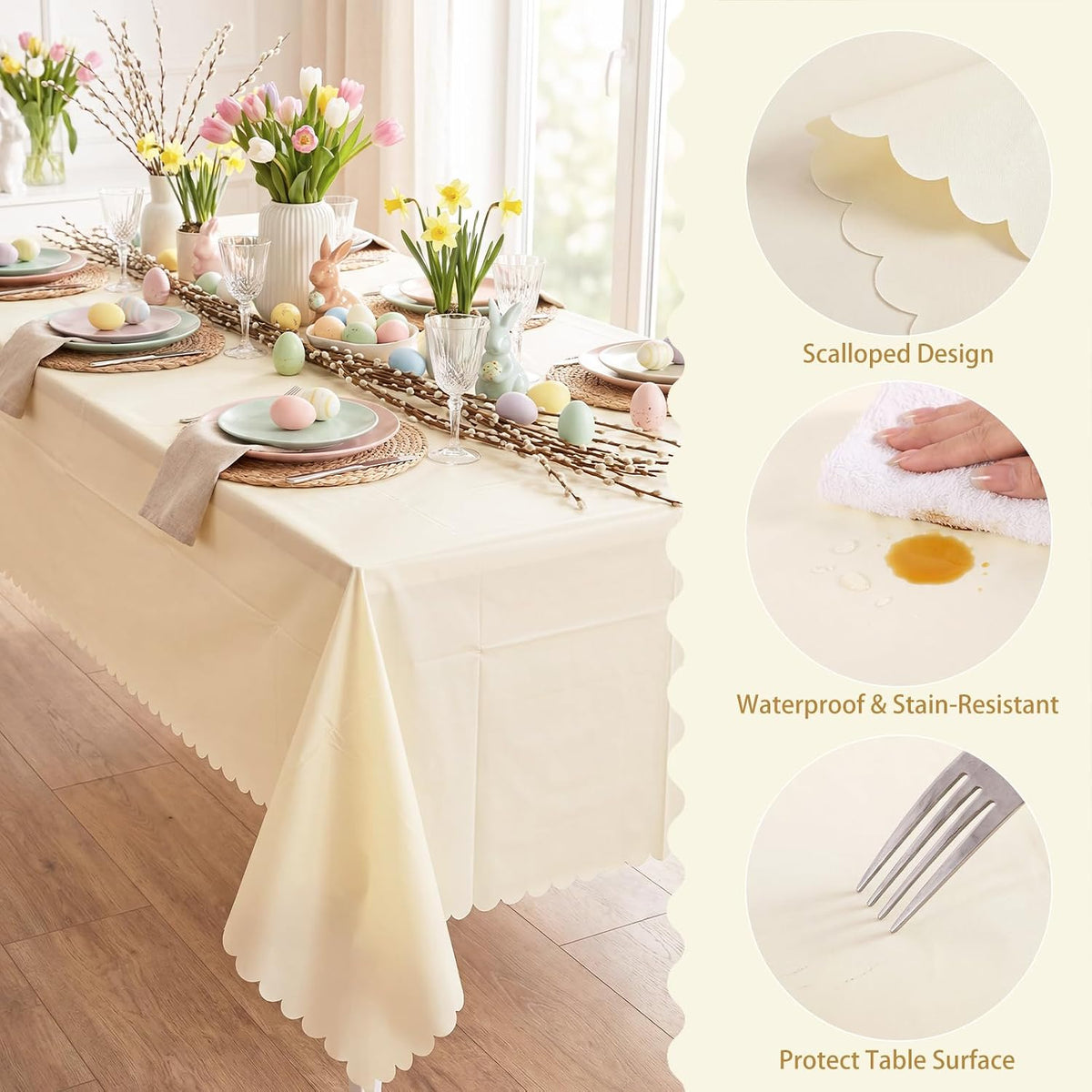 NatNarr 3 Pack Ivory Tablecloths, 54 x 108 Inch Scalloped Party Table Cover