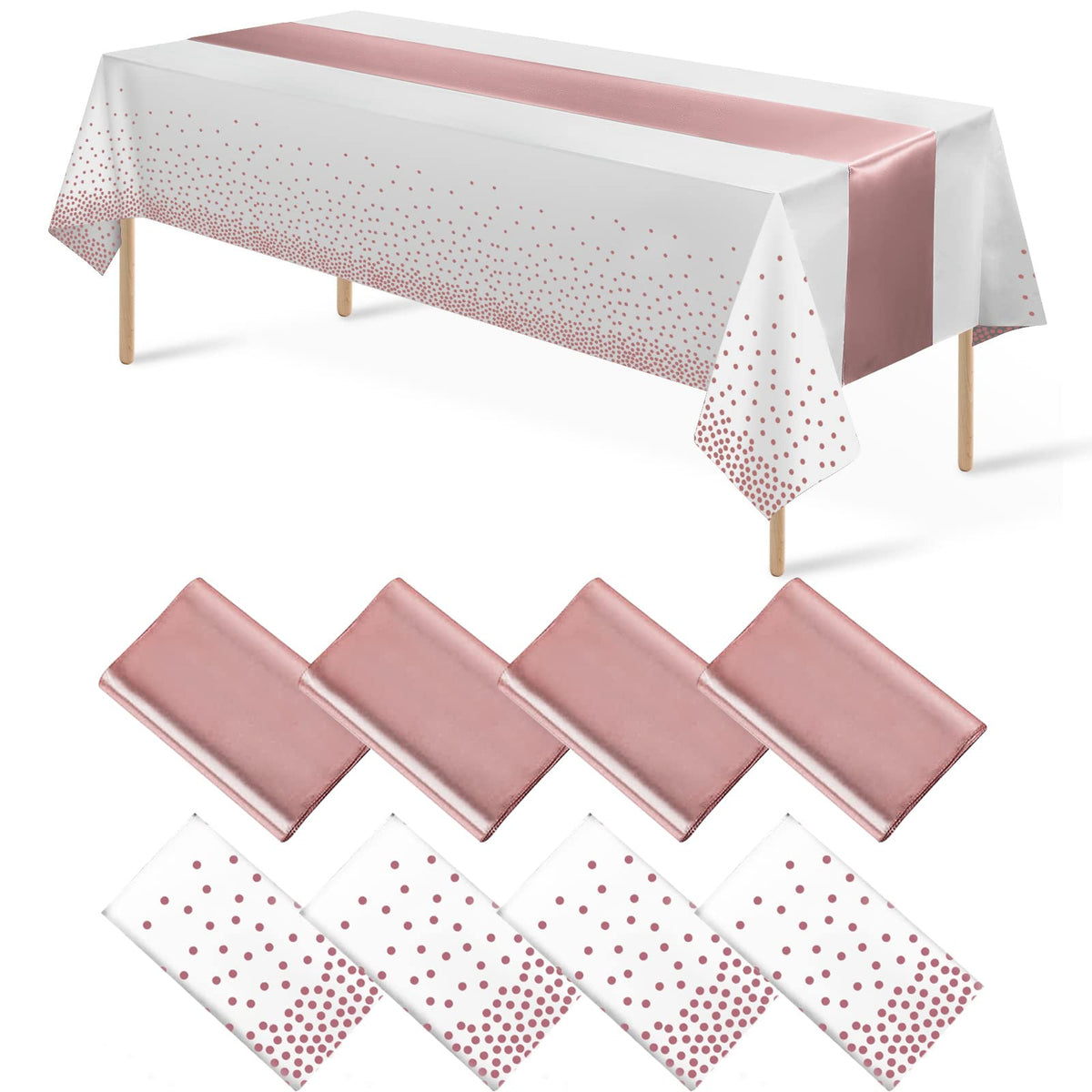 8Pack Disposable Plastic Tablecloths and Satin Table Runner Set White and Silver Dot Tablecloth Silver Satin Table Runner for Wedding Birthday Baby Shower Anniversary Christmas New Year Party Supplies