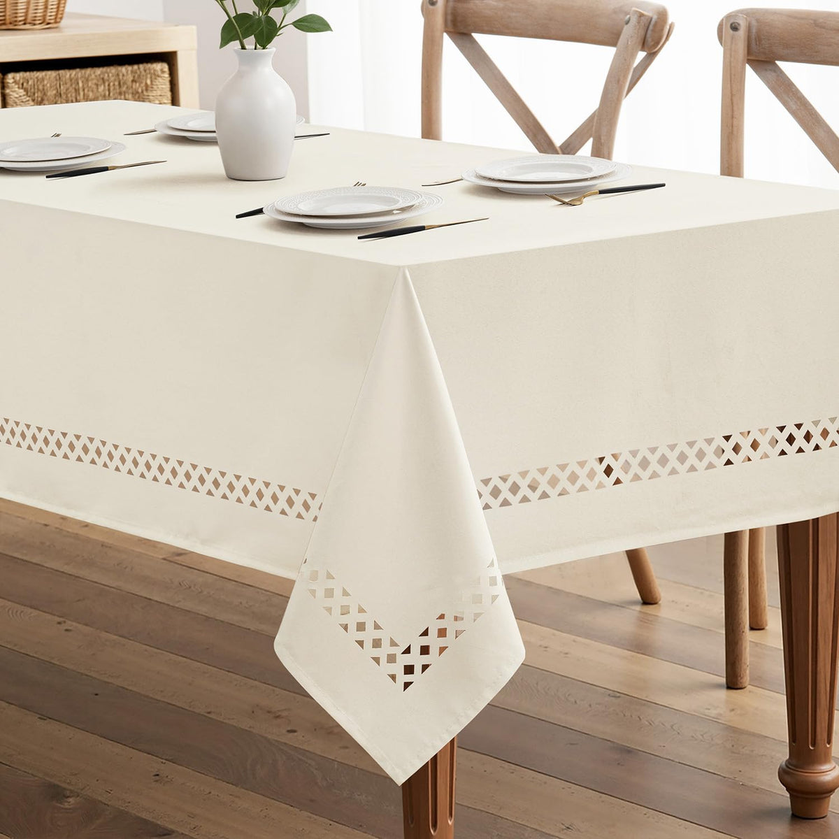 MIULEE Beige Rectangle Tablecloth with Decorative Cutouts 52x70 Inch