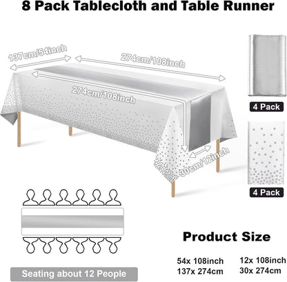 8Pack Disposable Plastic Tablecloths and Satin Table Runner Set White and Silver Dot Tablecloth Silver Satin Table Runner for Wedding Birthday Baby Shower Anniversary Christmas New Year Party Supplies