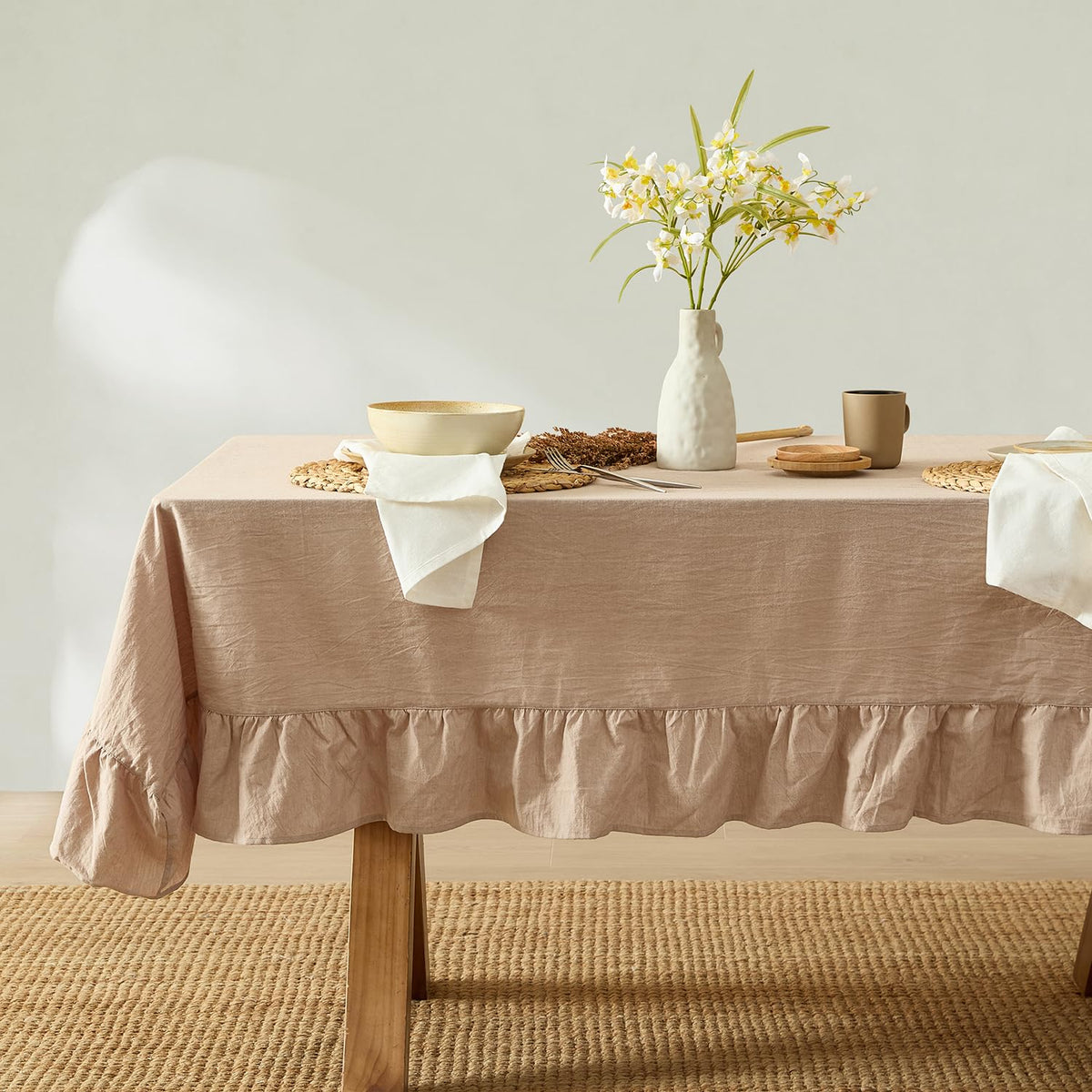 MONDAY MOOSE Gingham Checkered Farmhouse Rustic Picnic Style Decoration Rectangle Natural Stonewashed Cotton Tablecloth for Kitchen, Dining Room, Restaurant (60x102 inch, Beige)