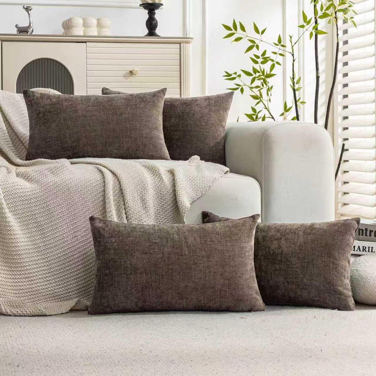 Set of 4 Soft Textured Throw Pillow Covers 18x18 Inch Cozy Decorative Farmhouse Cushion Cover Square Accent Pillow Cases for Bed Couch Sofa Living Room, Beige Taupe Brown