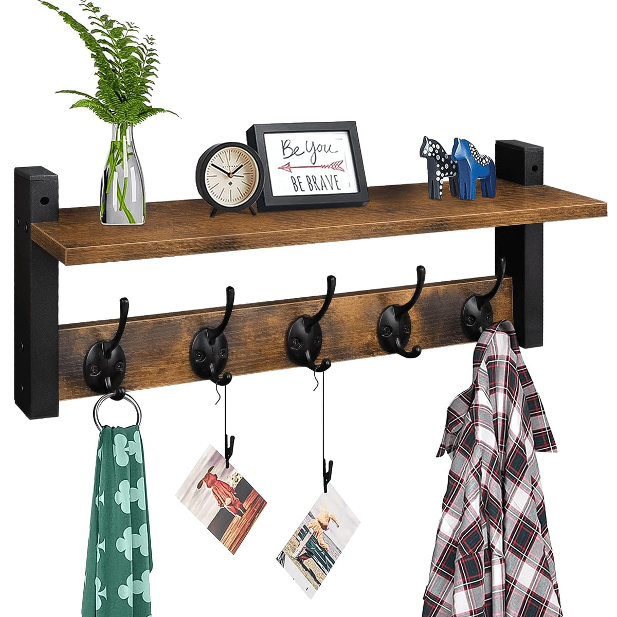 Homode Wall Hooks with Shelf, Wood Coat Rack with Shelf Wall-Mounted, Entryway Hanging Shelves with 5 Metal Hooks for Clothes Hats Towel Purse Robes, Bathroom Mudroom Bedroom, Rustic Brown Black