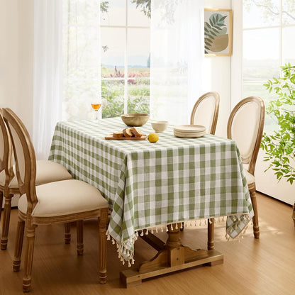 Softalker Gingham Rectangle Tablecloth with Tassel, Sage Green, 55" x 84"