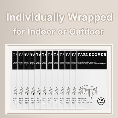 D&Z 12 Pack White Disposable Plastic Tablecloth 54"x108" Table Cover