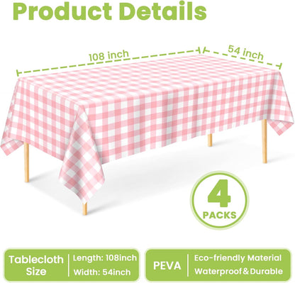 Mulbozy 4 Pcs Pink Gingham Tablecloth 54×108in, Pink Checkered Table Cloth