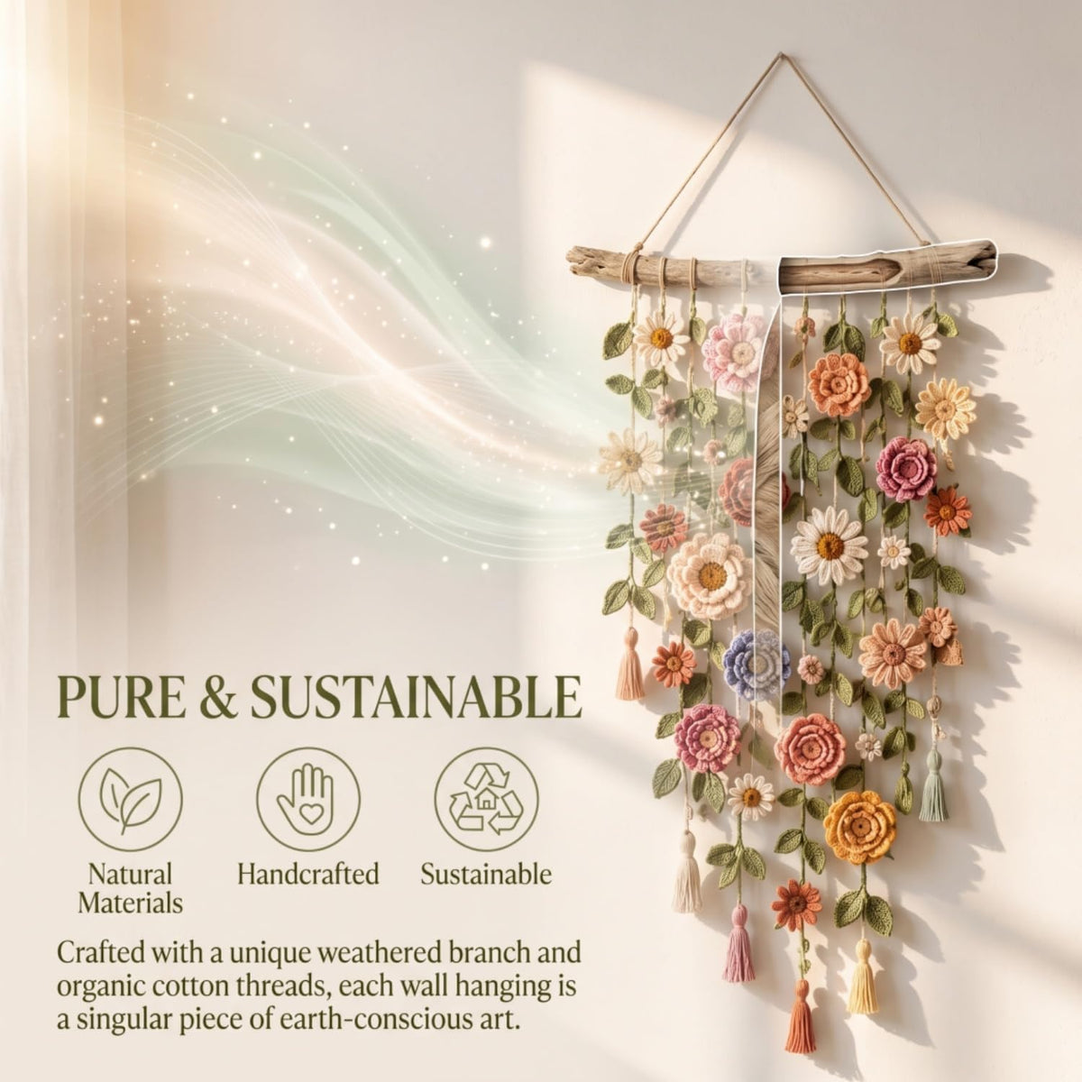 Crochet Flower Wall Hanging Boho Macrame Decor 1 Pc
