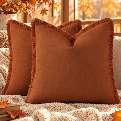 decorUhome Linen Fringe Natural Beige Throw Pillow Covers 18x18 Set of 2