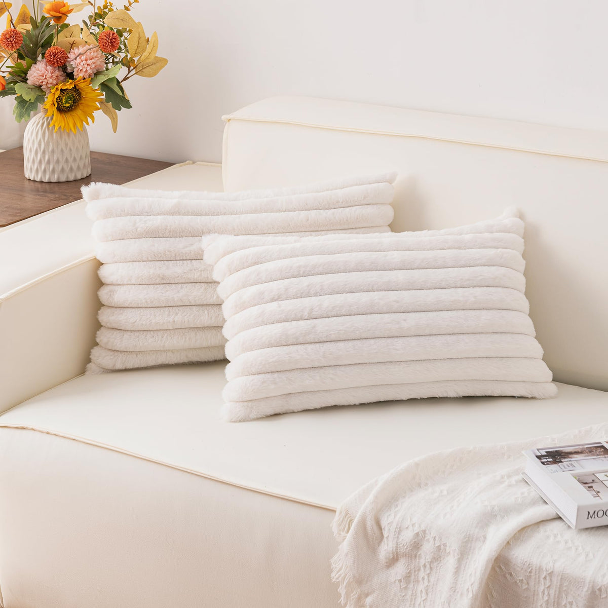 Pack of 2 Faux Fur Christmas Throw Pillow Covers 18x18 Inch, Cream White