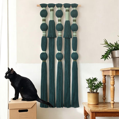 Macrame Wall Hanging Black Spherical Tassel Geometric Wall Art 15.7"W*39"L