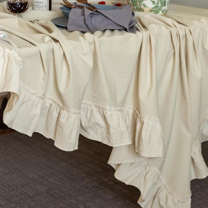 GLORY SEASON Retro Farmhouse Ruffle Tablecloth Cotton Flounces Trim Washable Table Cover Tablecloths for Rectangle Table Baby Shower Kitchen Party Wedding Decor,60''x120''
