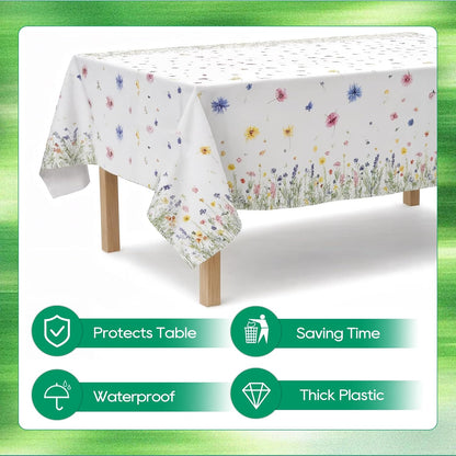 Spring Floral Party Tablecloth, 2 Pack Wildflower 54 x 108 Inch Tablecloth for Party Decorations, Butterfly Rectangular Table Cover, Disposable Plastic Table Cloth for Birthday and Celebration Event