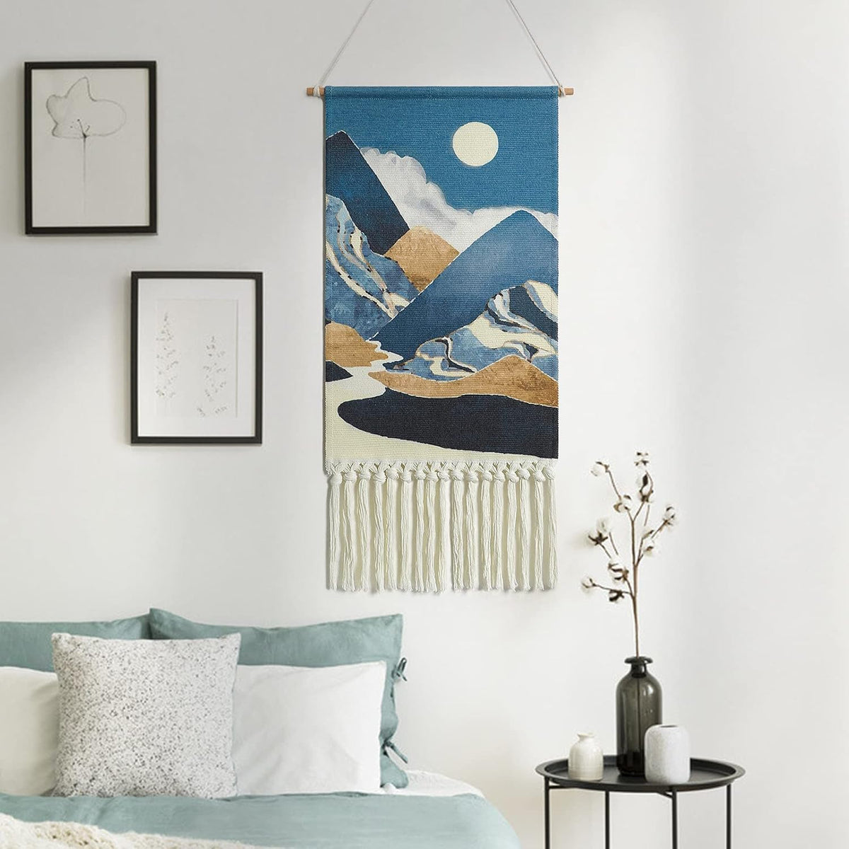 Blue Macrame Woven Wall Hanging Tapestry Boho Wall Art Moon Mountain