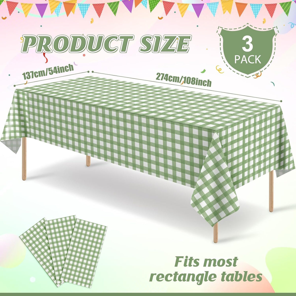 3 Pcs Sage Green Gingham Tablecloths, Checkered Table Covers 54 x 108 Inch