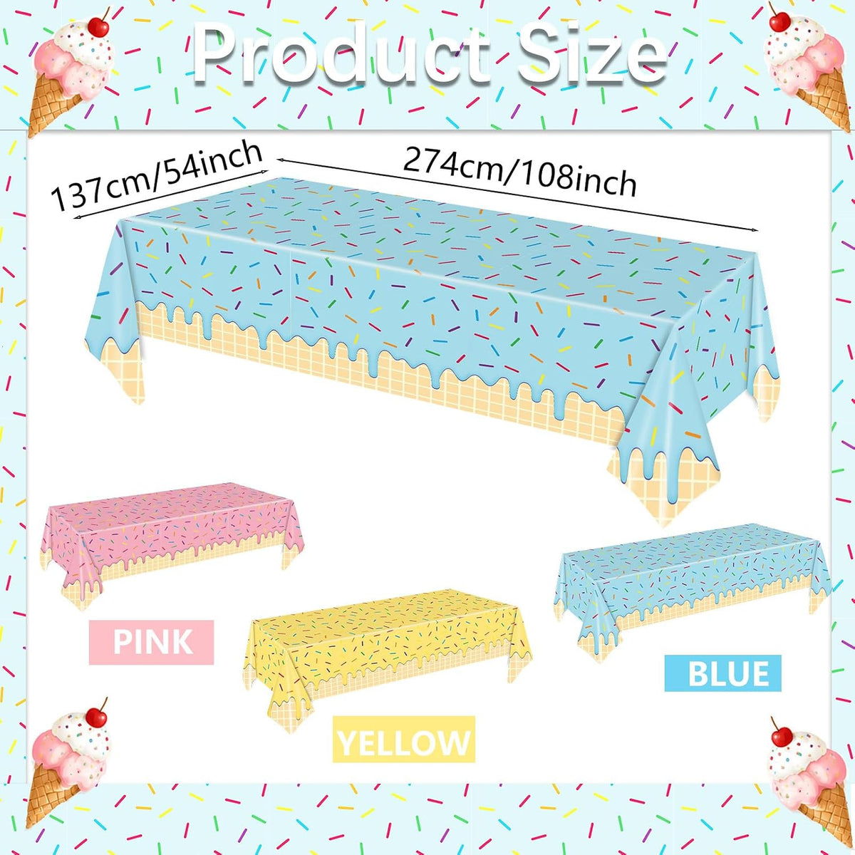 3-Piece 54 x 108 Inch Summer Dessert Plastic Tablecloth – Blue, Yellow, Pink Sprinkle Design, Disposable Rectangle Table Cover for Birthday, Pool Party, Indoor Outdoor Summer Decorations