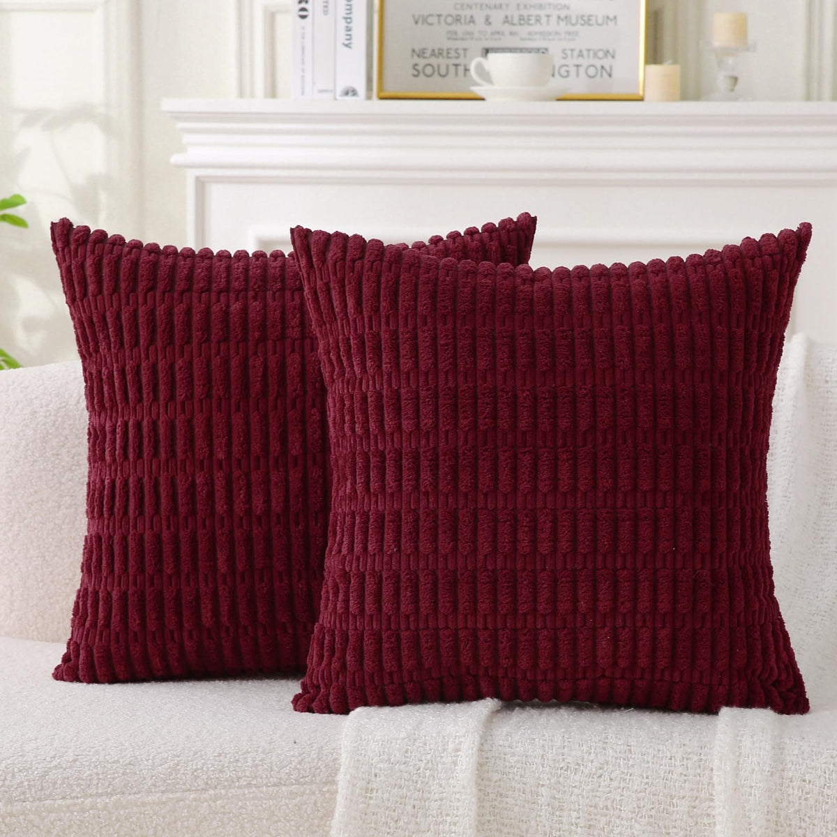 2 Pack Corduroy Decorative Throw Pillow with Inserts, 18x18 Inch Soft Boho Throw Pillow, Square Striped Throw Pillows for Couch, Bed, Sofa Decor(Beige)