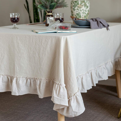 GLORY SEASON Retro Farmhouse Ruffle Tablecloth Cotton Flounces Trim Washable Table Cover Tablecloths for Rectangle Table Baby Shower Kitchen Party Wedding Decor,60''x120''